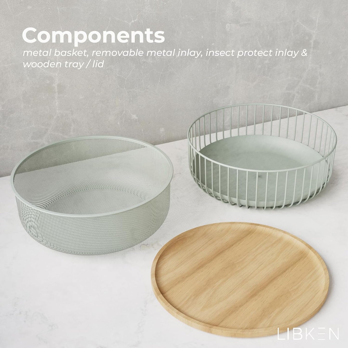 Metal Wire Mesh Fruit Baskets with Wooden Lid - Fly-Proof Indoor Solution for Fresh Fruits - Covered Fruit Bowl - Produce Cover Against Flies for Banana, Tomato and Vegetables - Green