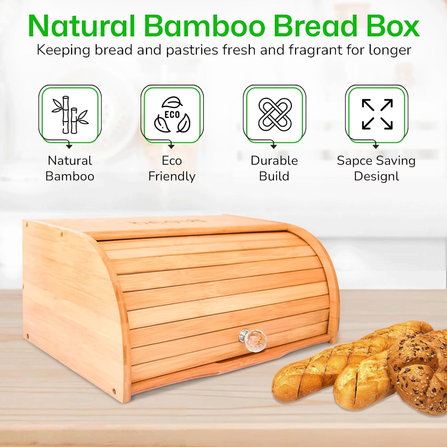 Bamboo Bread Box with Roll-Top Lid – Wooden-Style Countertop Bread Storage Container for Homemade Bread, Rolls, Muffins, & Snacks Eco-Friendly Kitchen Organizer for Lunch & Clutter-Free Counters