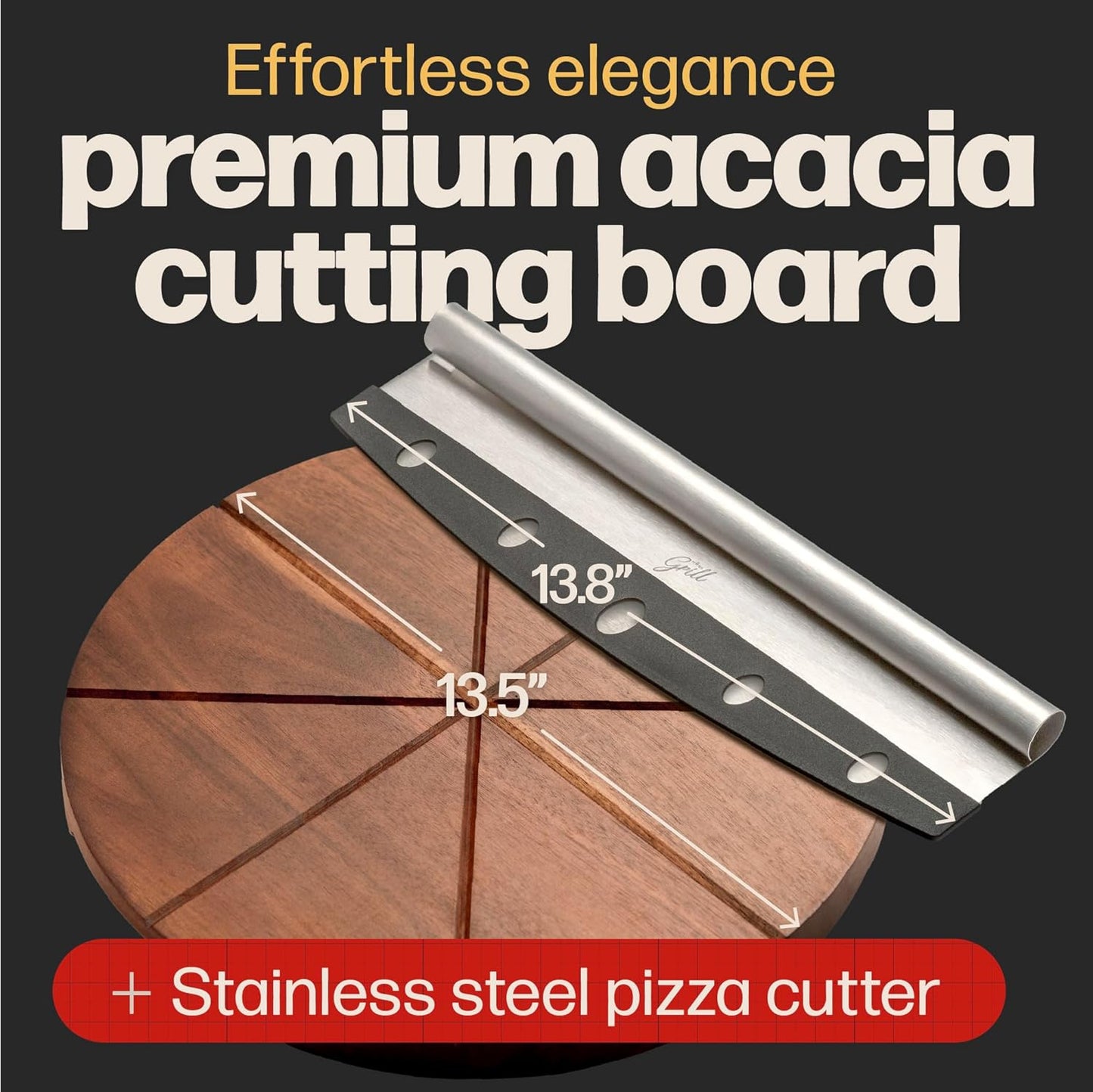 Hans Grill Pizza Cutting Board and Pizza Cutter Rocker Blade Gift Set Professional Stainless Steel Food Slicer with 13.5" Acacia Wooden Board Perfect for Slicing and Serving Pizza, Pies and Cheese