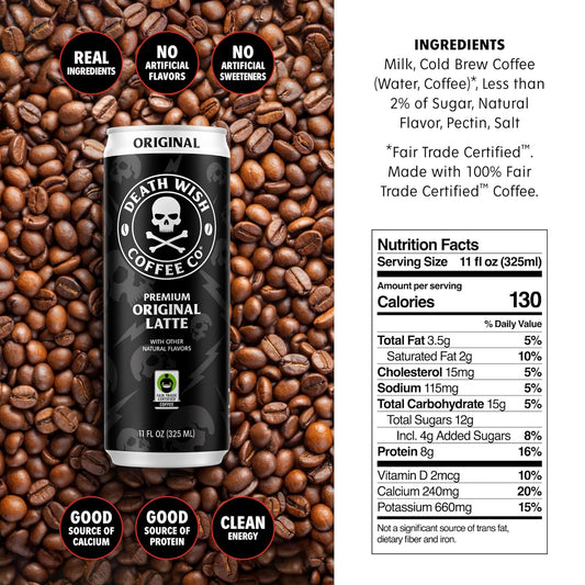 Death Wish Coffee, Iced Coffee Cold Brew, 8g Protein, Fair Trade (Original Latte)