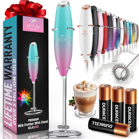 Zulay Kitchen Powerful Milk Frother Wand With 4 AA Duracell Batteries - Ultra Fast Handheld Drink Mixer - Electric Whisk Foam Maker for Coffee, Lattes, Cappuccino, Matcha & Creamer