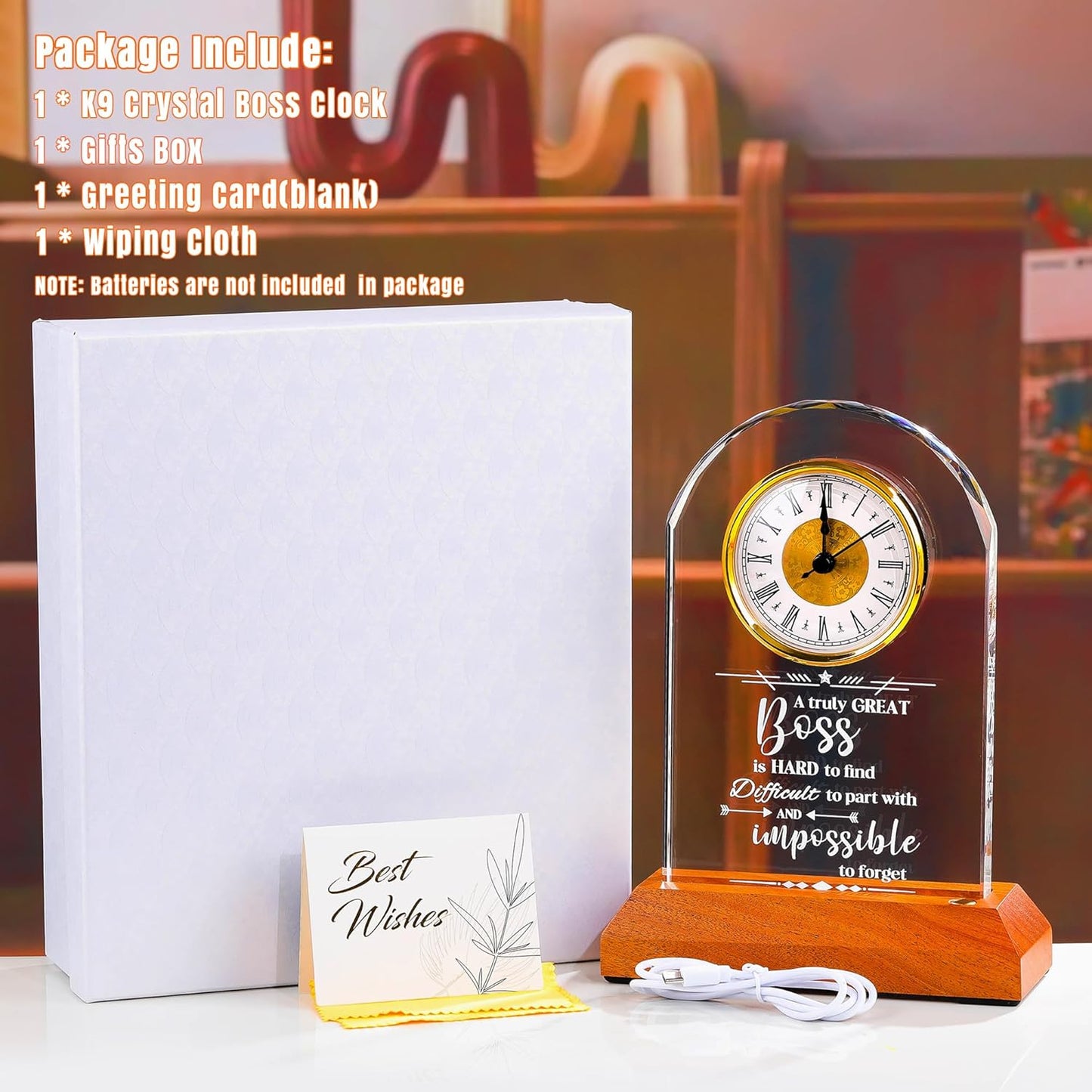 Ornalrist Boss Crystal Clock Gifts for Women, Men with Wooden LED Light Base, Boss Appreciation Gift Idea for Leader's Day, Desk Office Home Decor