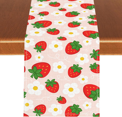 Pink Strawberry Table Runner, Spring Summer Cute Sweet Strawberry Fruits Floral Farmhouse Coffee Table Center Decor for Home Kitchen Dining Patio Holiday Party Table Decorations 13x36 inches