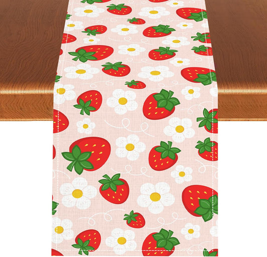 Pink Strawberry Table Runner, Spring Summer Cute Sweet Strawberry Fruits Floral Farmhouse Coffee Table Center Decor for Home Kitchen Dining Patio Holiday Party Table Decorations 13x36 inches