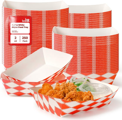 Fit Meal Prep [250 Pack 2 lb Paper Food Boats Heavy Duty Disposable Food Trays, Red Check Nacho Tray for Parties Fairs Picnics Carnivals Holds Tacos Nachos Fries Hot Dogs Grease Resistant