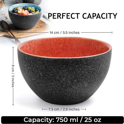 MIAMIO – 25 Oz, Bowls Set of 6, Ceramic Bowl, Salad bowls, Soup Bowl, Cereal Bowl, Kitchen Bowls, Rice Bowls – Microwave, Dishwasher and Oven safe – Las Palmitas Collection