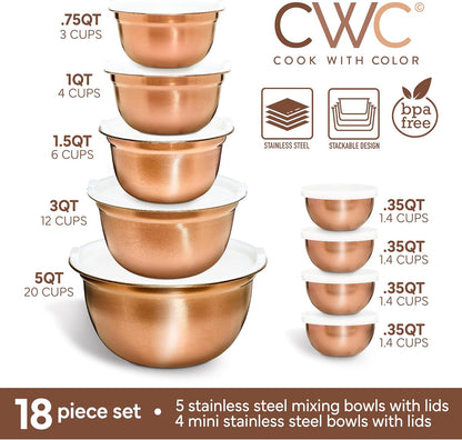 COOK WITH COLOR 18 Piece Mixing Bowls Set with Airtight Lids, Stainless Steel Bowl Organizers, Food Storage Containers, Meal Prep, Nesting Salad Bowls For Cooking, Baking, Kitchen Use, Copper