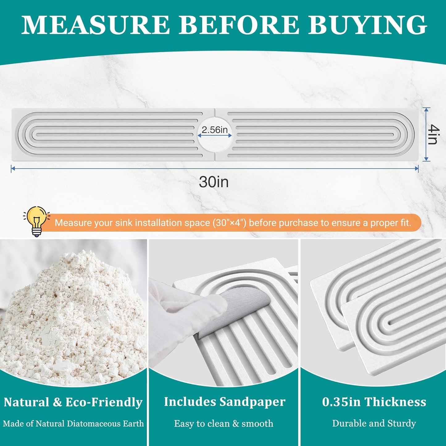 Stone Faucet Mat for Kitchen Sink - Quick Dry Diatomite Sink Splash Guard, Prevents Moisture Buildup & Water Stains, Water Absorbing Stone Tray for Bathroom Countertop (White, 30" x 4")