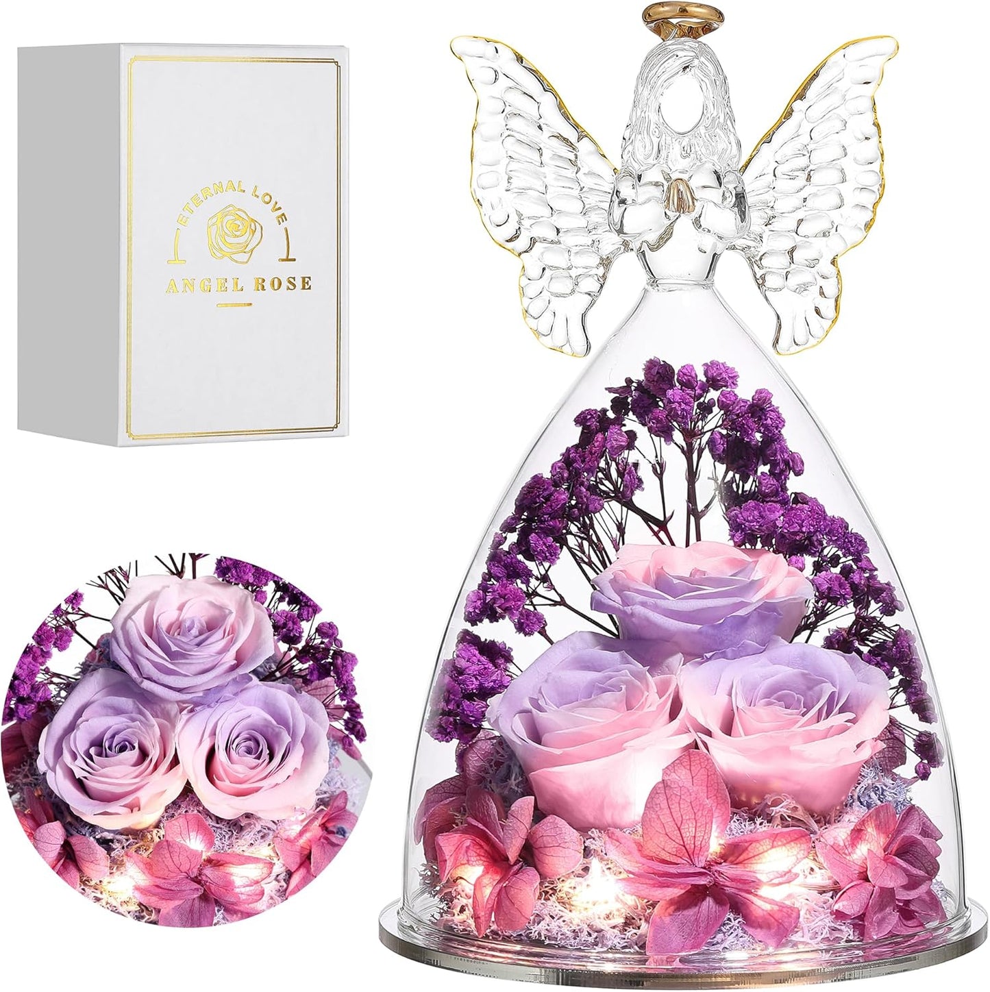 Christmas Rose Gifts for Women Preserved Real Flower in Glass Angel Figurines Roses for Delivery Prime Birthday Gifts for Mom Grandma Girlfriend Wife Her, Pinkpurpurple