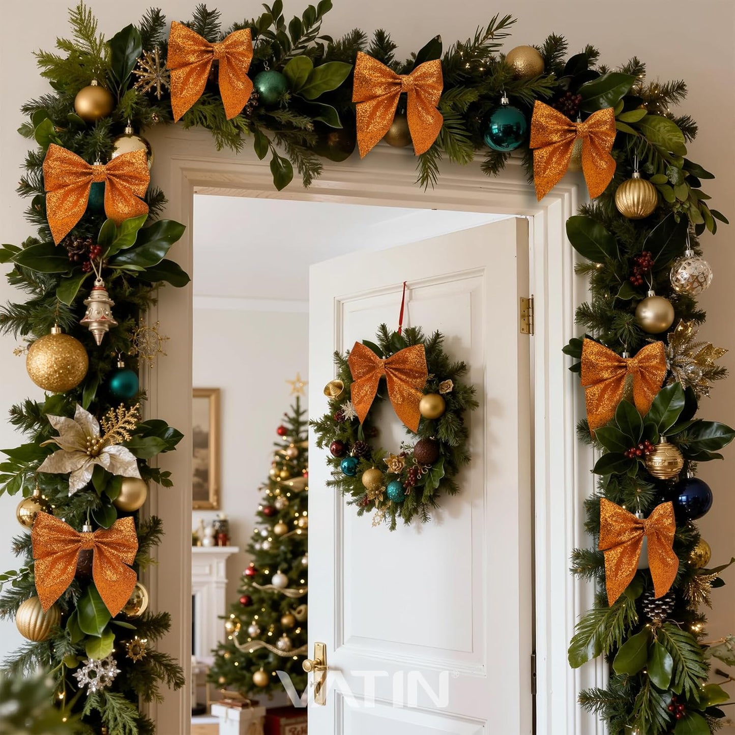 VATIN Wide Orange Glitter Ribbon 1-1/2" X 25 Yards Roll for Giant Bows, Christmas Wreaths, Porch Decor, Oversized Gifts