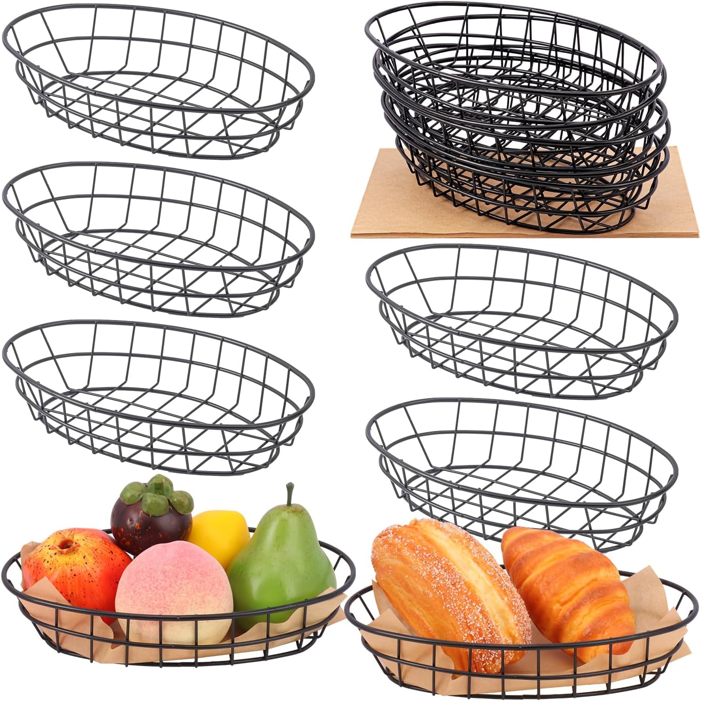 12 Pack Oval Wire Bread Basket, 9.5 x 6.2 x 2.17 Inch Metal Fast Food Baskets with 50 Sheets Deli Wrappers Paper, Metal Dinner Roll Baskets for Home & Kitchen, Serving and Storage(Black)
