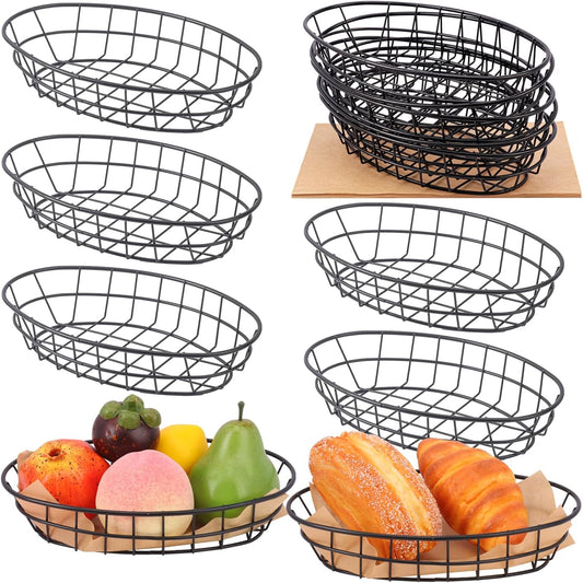 12 Pack Oval Wire Bread Basket, 9.5 x 6.2 x 2.17 Inch Metal Fast Food Baskets with 50 Sheets Deli Wrappers Paper, Metal Dinner Roll Baskets for Home & Kitchen, Serving and Storage(Black)