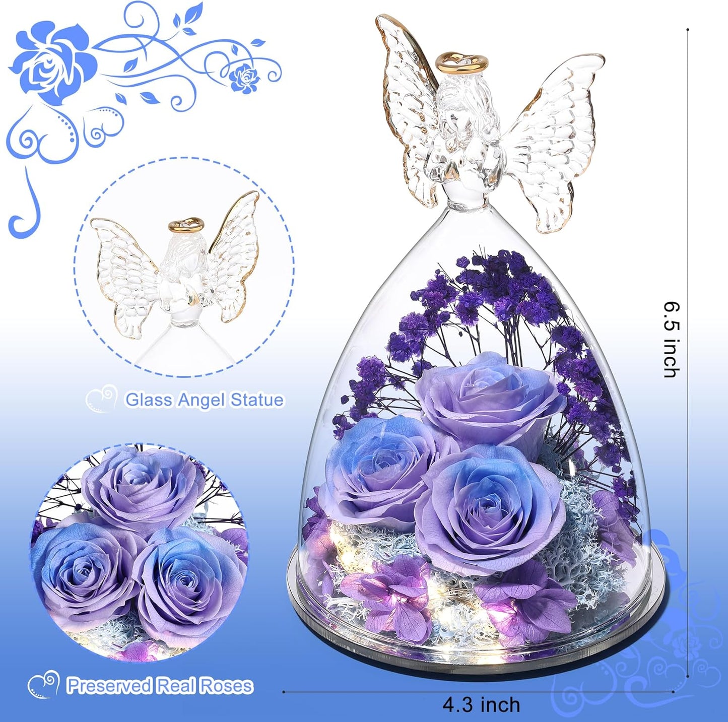 Christmas Rose Gifts for Women Preserved Real Flower in Glass Angel Figurines Roses for Delivery Prime Birthday Gifts for Mom Grandma Girlfriend Wife Her, BluePurple