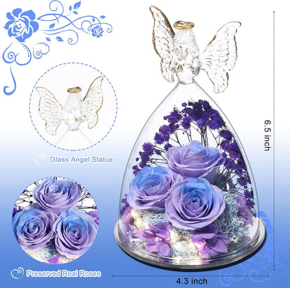 Christmas Rose Gifts for Women Preserved Real Flower in Glass Angel Figurines Roses for Delivery Prime Birthday Gifts for Mom Grandma Girlfriend Wife Her, BluePurple