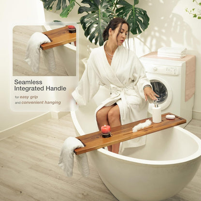 Tinamo Acacia Bathtub Caddy Tray Table | 39 x 9.75 x 2.5 Inch Large Bath Tub Tray Wooden | Anti-Tipping, Sustainable Tub Tray for Bathtub | Bathtub Accessories Holders for Bathtub (Acacia, 39x9.75)