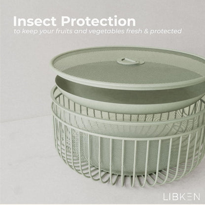 Metal Fruitbasket with Mesh Lid and Basket - Fruit and Vegetable Holder For Kitchen Counter - Countertop Display Baskets Organizer - Bowl Storage for Veggie, Fruits, Snack, and Banana - Green