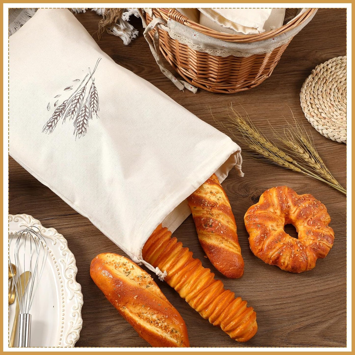 Augshy Bread Bags, 2 Pack Bread Bags for Homemade Bread, 17.7 * 11.8in Linen Bread Bag -Inside Lining to Keep Bread Fresh -Reusable Bread Bags