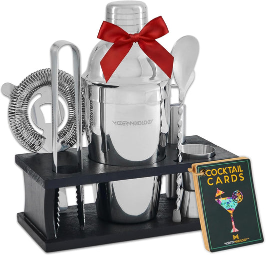 Modern Mixology Cocktail Shaker Set - 8 Piece Bartender Kit with Martini Shaker and Popular Bar Accessories on Quality Pine Stand - Leak Proof Design (Silver)