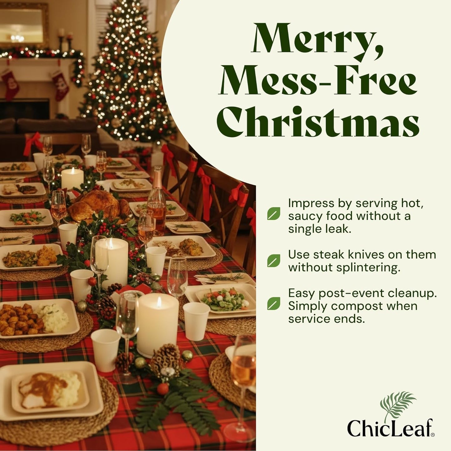 Chic Leaf Palm Leaf Disposable Bamboo Plates - Palm Leaf Plates for Weddings & Event Appetizers - Biodegradable & Compostable - Christmas Meal Turkey Holiday Dinner, Party Supplies (7", 50 Pack)