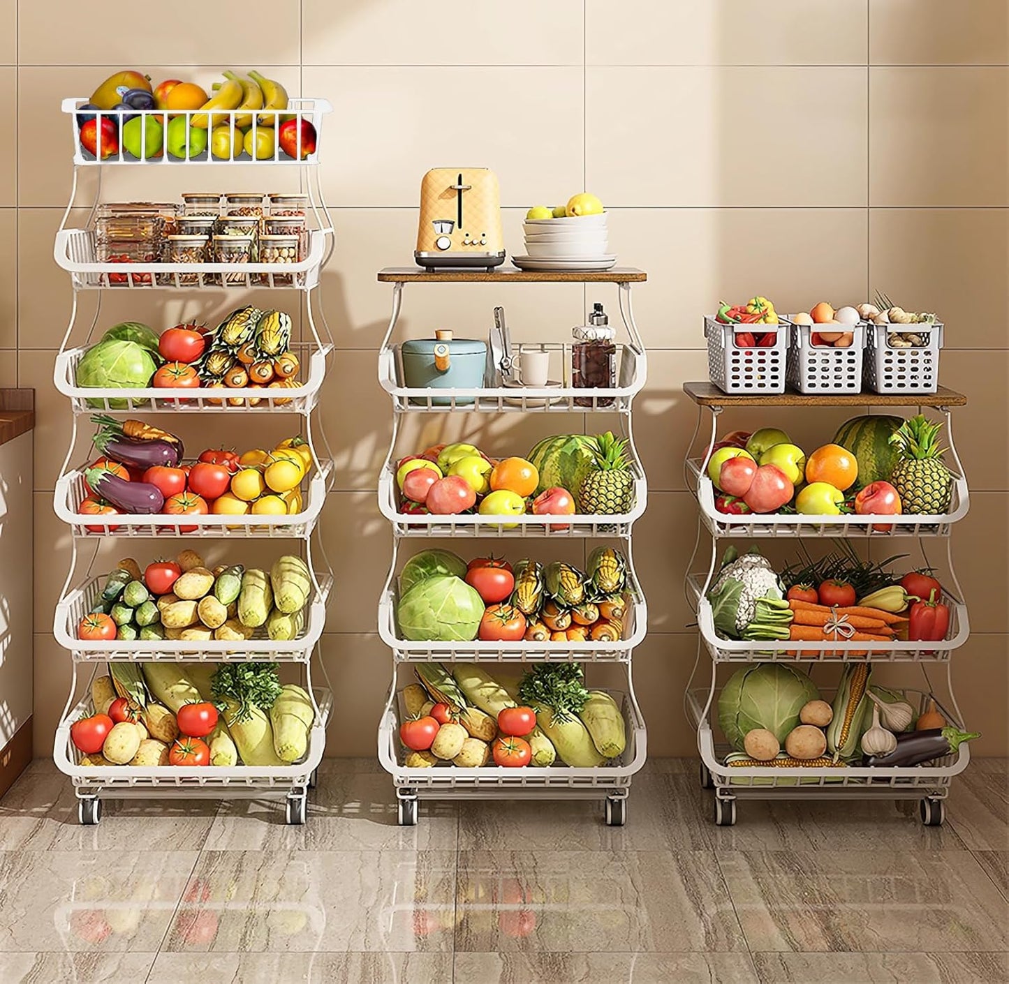 MURRI&MURRDI Fruit Vegetable Storage Basket with Wheels, 6 Tier Stackable Wire Storage Baskets, Tall Standing Produce Kitchen Rack Display, Narrow Rolling Cart for Pantry Onion Potato, White