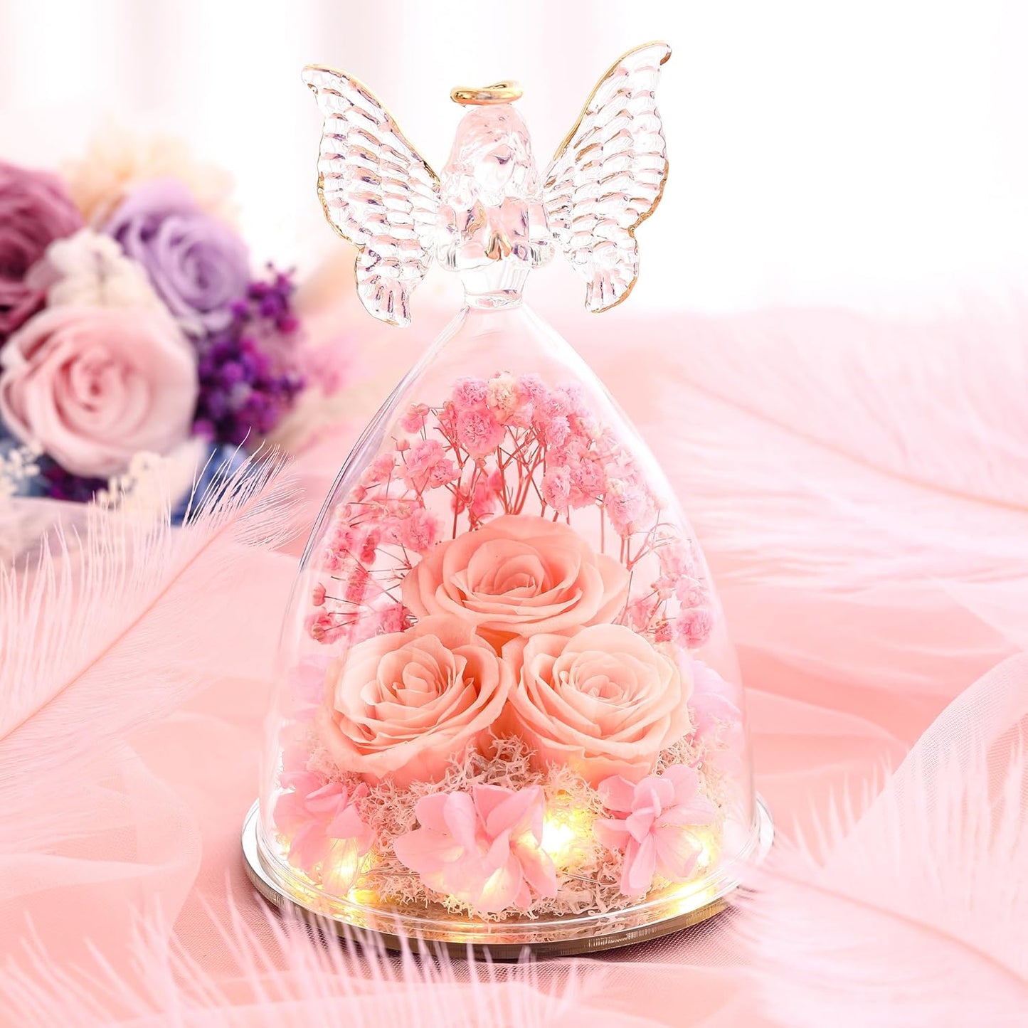 Christmas Rose Gifts for Women Preserved Real Flower in Glass Angel Figurines Roses for Delivery Prime Birthday Gifts for Mom Grandma Girlfriend Wife Her, Champagne