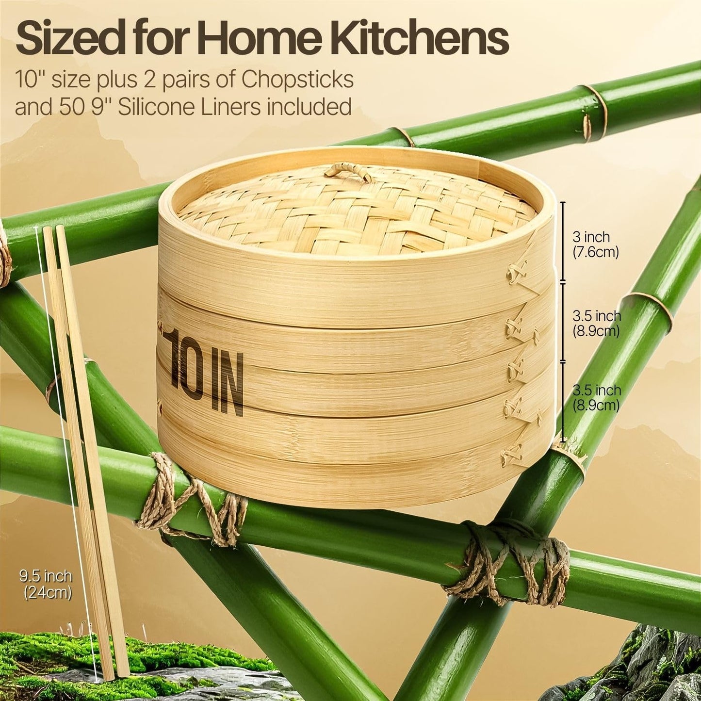 Flexzion Bamboo Steamer Basket Set (10 inch), 50 x Steamer Liners and 2 Pairs of Chopsticks, Steam Baskets for DimSum Dumplings, Rice, Vegetables, Fish and Meat