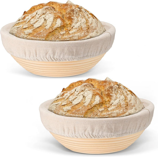 P&P CHEF Bread Proofing Baskets for Sourdough, 9 Inch Proofing Basket Set of 2, Dough Making Baskets, Ideal for Professionals and Beginner Baker, Handmade Rattan Basket with Cloth Liner, Round