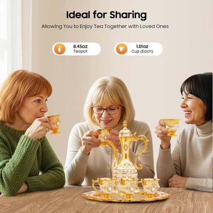 Vintage Turkish Coffee Pot Set with Tray & 6 Elegant Cups - Retro Exquisite Tea Service for Home Parties, Table Decor & Wedding Gifts (White and Gold)