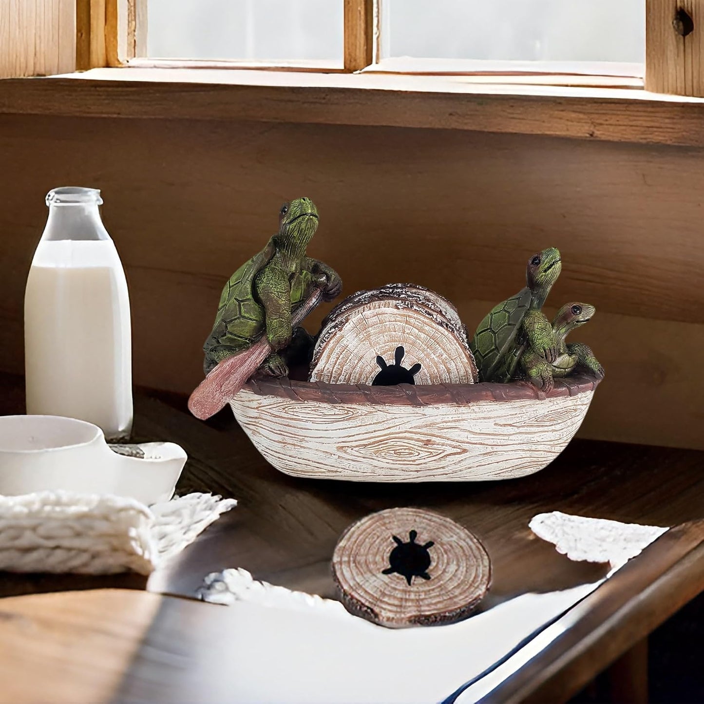 Turtle Coasters Set of 5 Rustic Coasters in Handmade Canoe Turtle Log Cabin Decor for The Home Drink Round Table Coffee Mug Wine Beer Bar Decorative Green