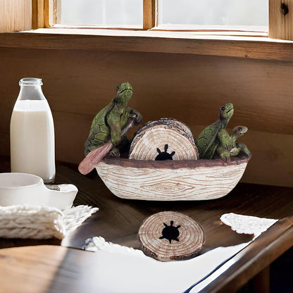 Turtle Coasters Set of 5 Rustic Coasters in Handmade Canoe Turtle Log Cabin Decor for The Home Drink Round Table Coffee Mug Wine Beer Bar Decorative Green