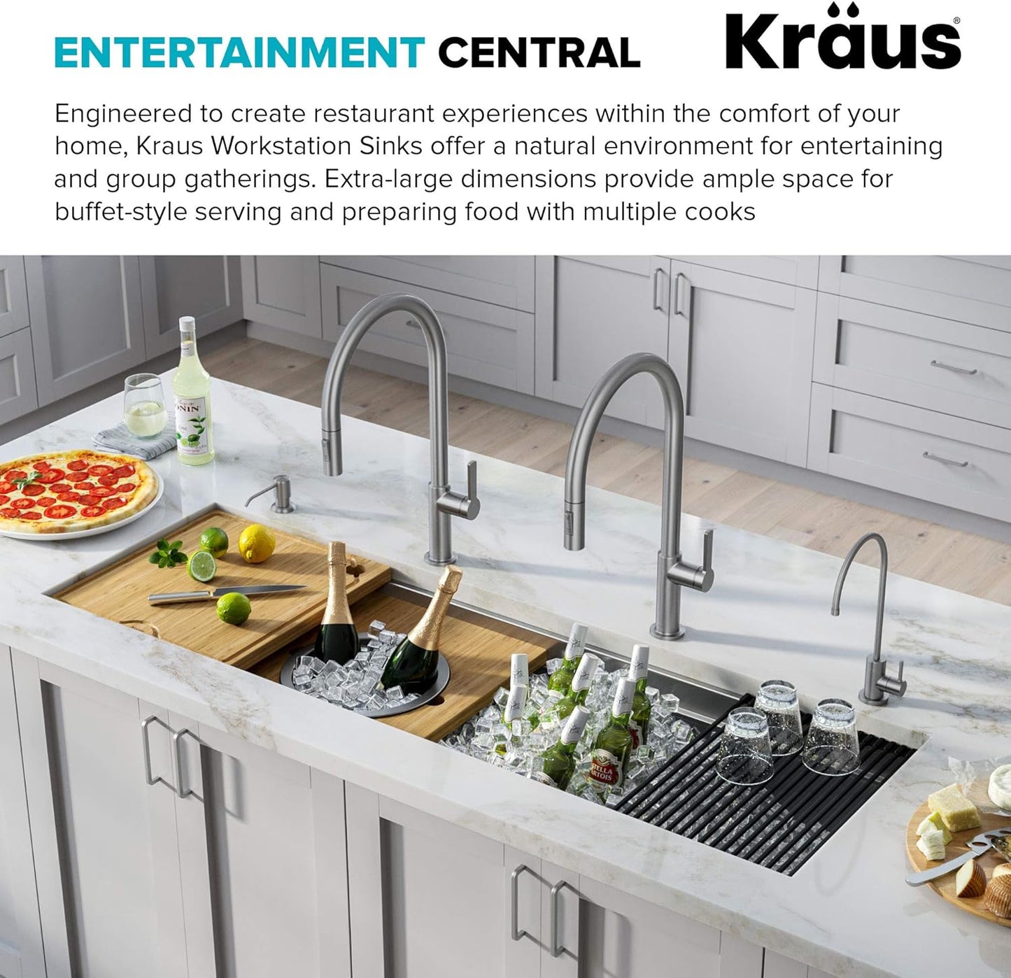 KRAUS Kore 57-inch Undermount Workstation 16 Gauge Single Bowl Stainless Steel Kitchen Sink with 10 Accessories, KWU210-57