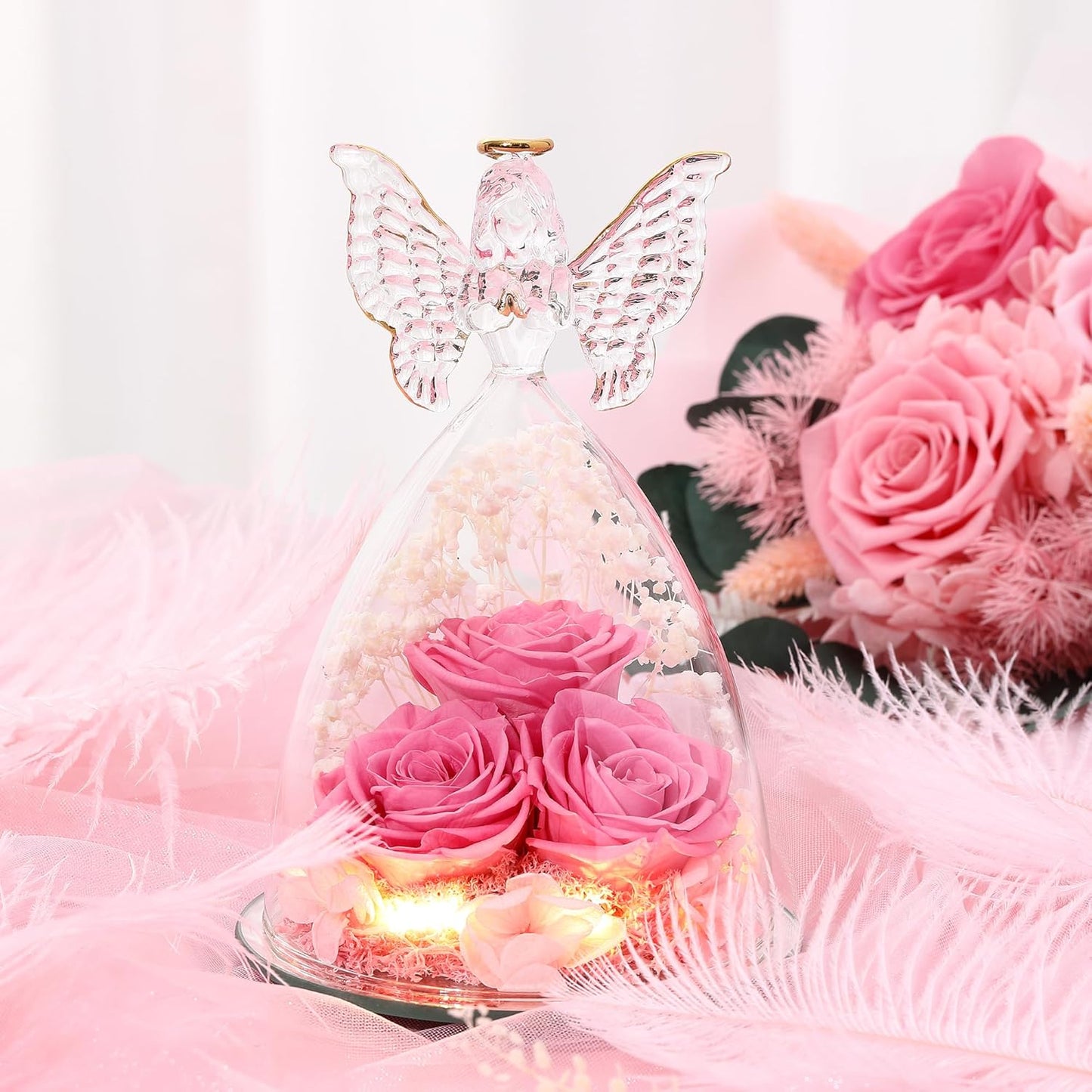 Christmas Rose Gifts for Women Preserved Real Flower in Glass Angel Figurines Roses for Delivery Prime Birthday Gifts for Mom Grandma Girlfriend Wife Her, Sweet Pink