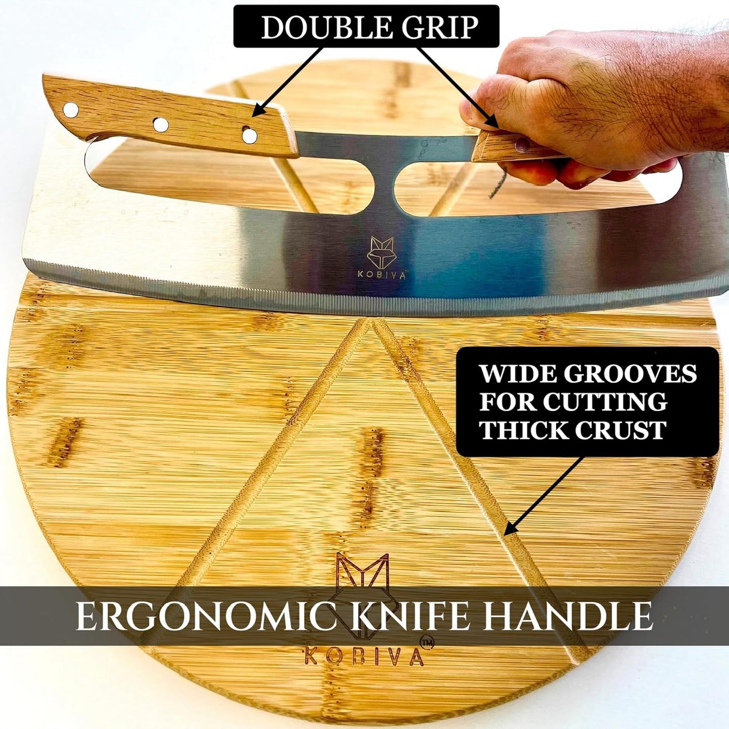 14" Dual-Grip Pizza Cutter Pizza Board | Gift Pizza Set, Best Pizza Cutter Rocker Blade, Bamboo Pizza Cutting Board, Pizza Slicer, Pizza Serving Board, Pizza Rocker Knife For Cutting Pizza Piza