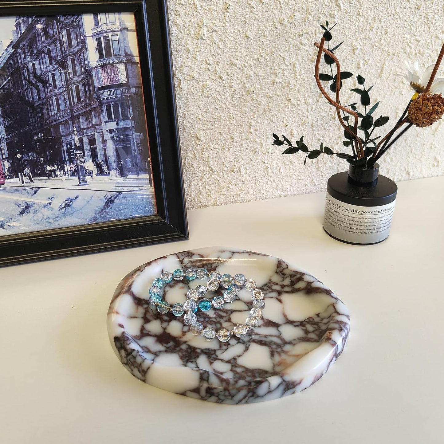 Marble Tray for Jewelry, Food and Daily Items, Irregular Stone Sculpture, Suitable for Home Decor Storage Tray Vanity/Dresser Non-Resin/Non-Ceramic (yuanduo-baoge)