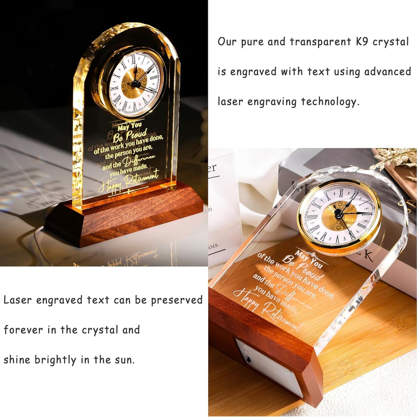Retirement Clock Gifts for Women Men, Happy Retirement Gifts for Boss Coworkers, Going Away Gift for Retired Friends Leaving Presents for Leader Teacher, K9 Crystal Clock with Light Wooden Base