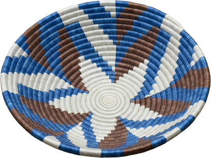Handwoven African Basket Handmade sisal Fruit Bowl Wall Hanging decorative Baskets for Home Living Room Kitchen Centerpiece Zen Designs Arts and Crafts (Blue Brown Natural, 10in diameter)