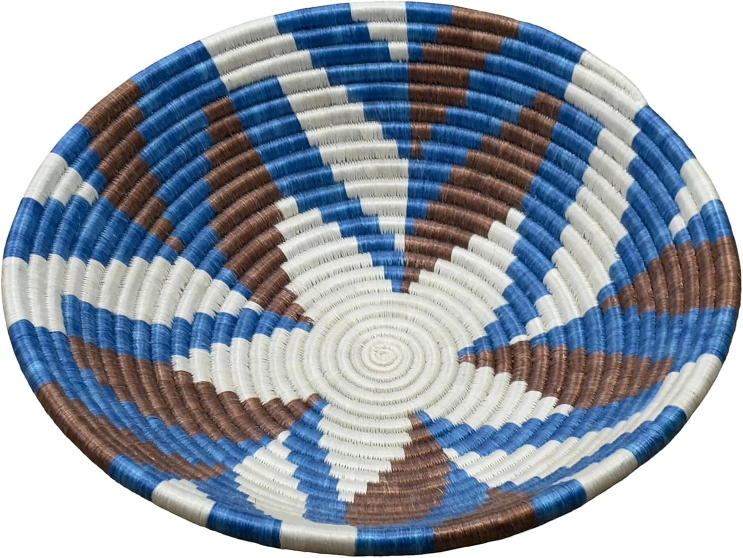 Handwoven African Basket Handmade sisal Fruit Bowl Wall Hanging decorative Baskets for Home Living Room Kitchen Centerpiece Zen Designs Arts and Crafts (Blue Brown Natural, 8in diameter)