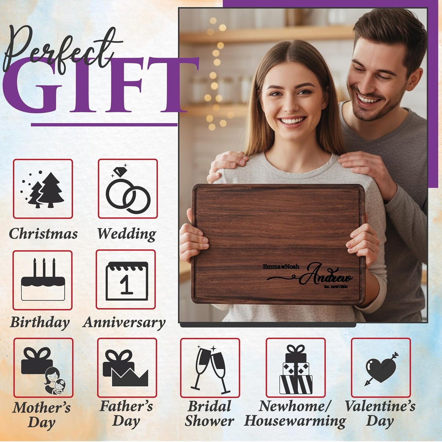 Personalized Cutting Board for Couple Custom Cutting Board Wood Engraved Charcuterie Board, Ideal Gift for Christmas, Wedding, Housewarming, Bridal Shower, Anniversary, Birthday, Mom, Couples, Family