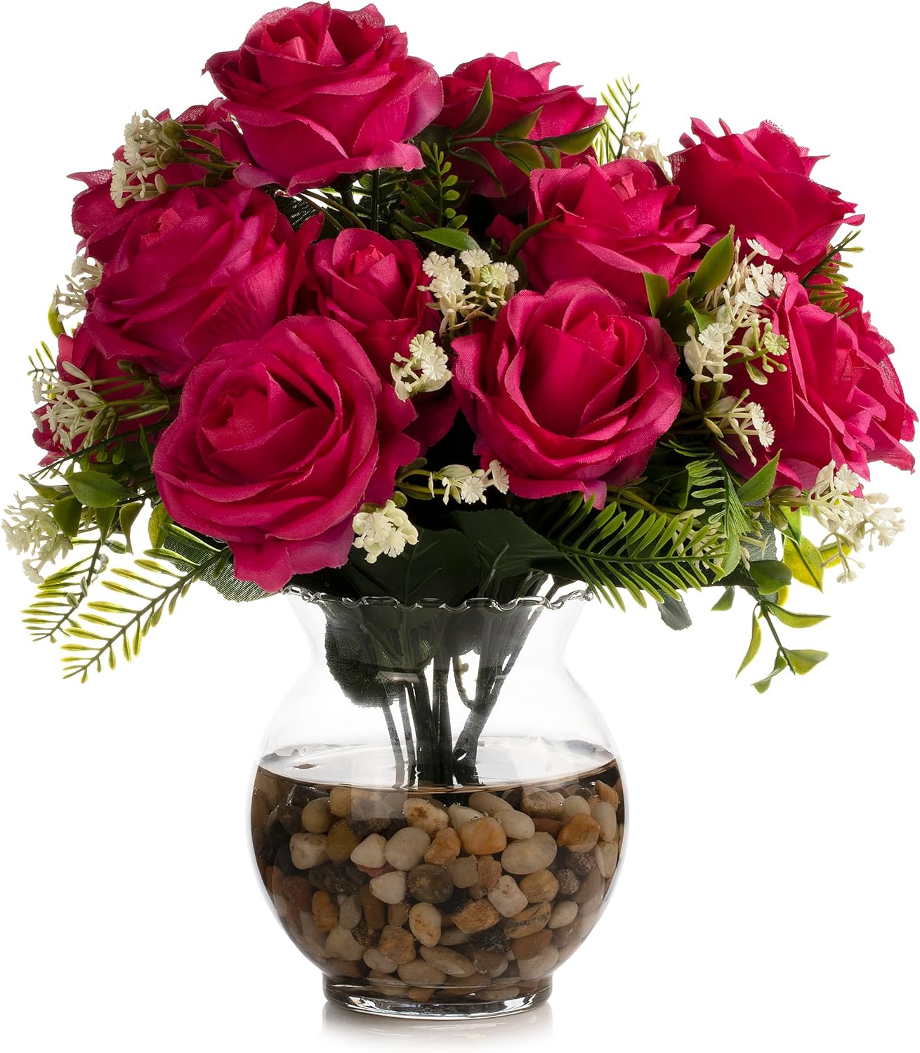 ENOVA FLORAL 18 Heads Silk Rose Artificial Flowers in Vase,Faux Rose Flowers Arrangement in Round Bowl Vase with Faux Water and River Rock for Table Decor Centerpieces (Fushia)