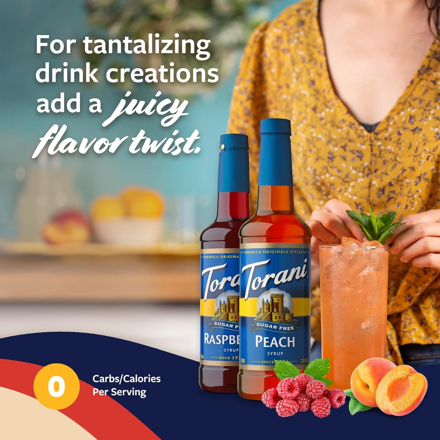 Torani Sugar Free Raspberry Syrup and Sugar Free Peach Syrup Variety 2-Pack, Flavored Syrups for Drinks, Pumps Included, 25.4 Fl Oz Ea