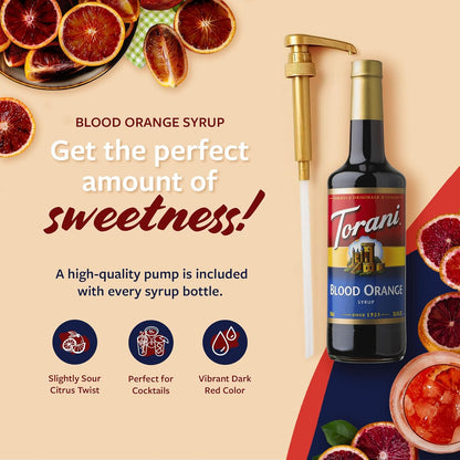 Torani Blood Orange Syrup for Drinks, Flavoring for Iced Tea, Lemonade, Sodas, and Cocktails, Glass Bottle with Pump Included, 25.4 Fl Oz