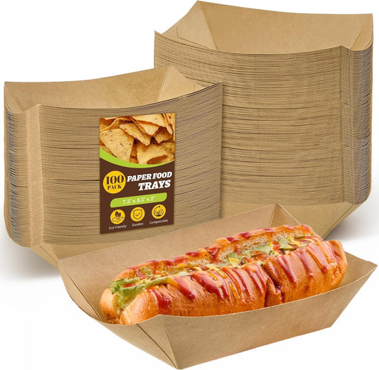 Ocmoiy 4lb Large Paper Food Trays, 100 Pack Heavy Duty Kraft Food Boats Holders Disposable Serving Basket Trays for Nachos, Burgers, Fries, Tacos, Hot Dog, Sandwiches