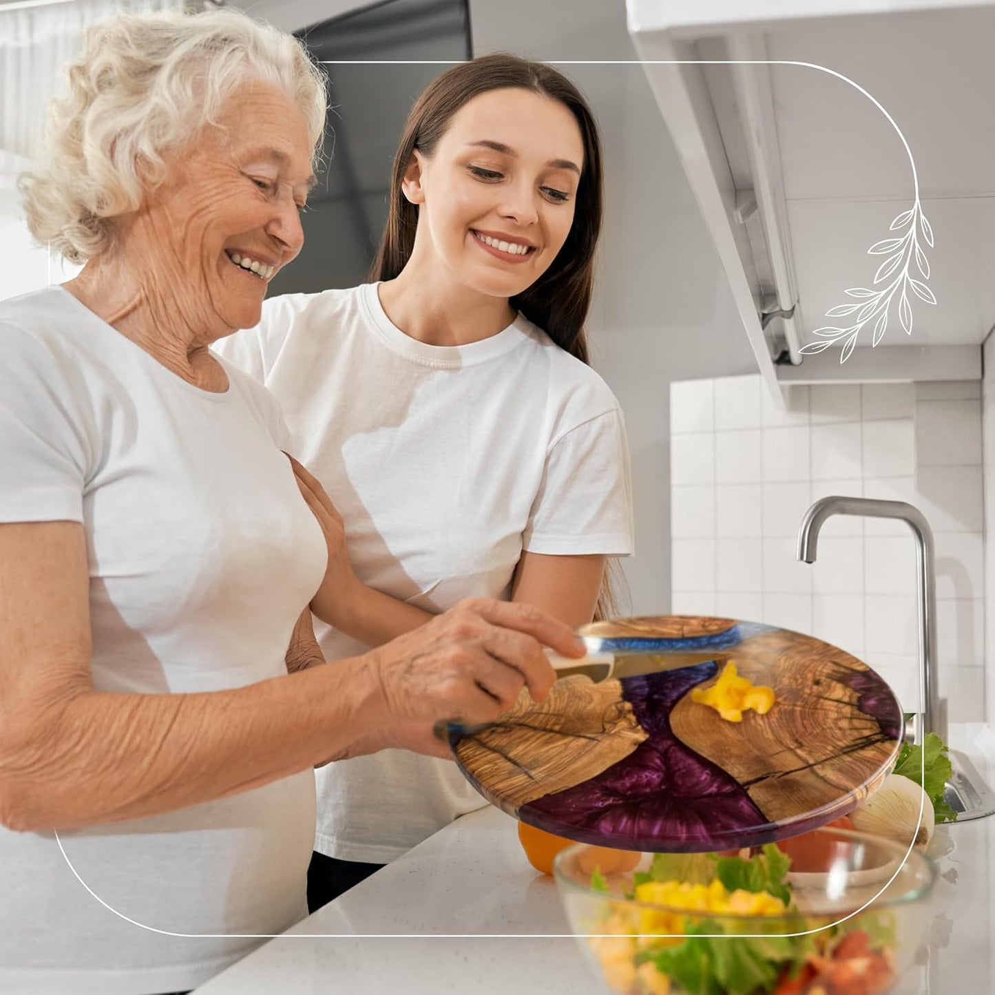 Handmade Olive Wood Round Cutting Board Resin Round Charcuterie Board, Epoxy Wood Cutting Board for Kitchen, Ocean Resin Cheese Board Wood Circle, Olive Wood Resin Pizza Board (Romance)