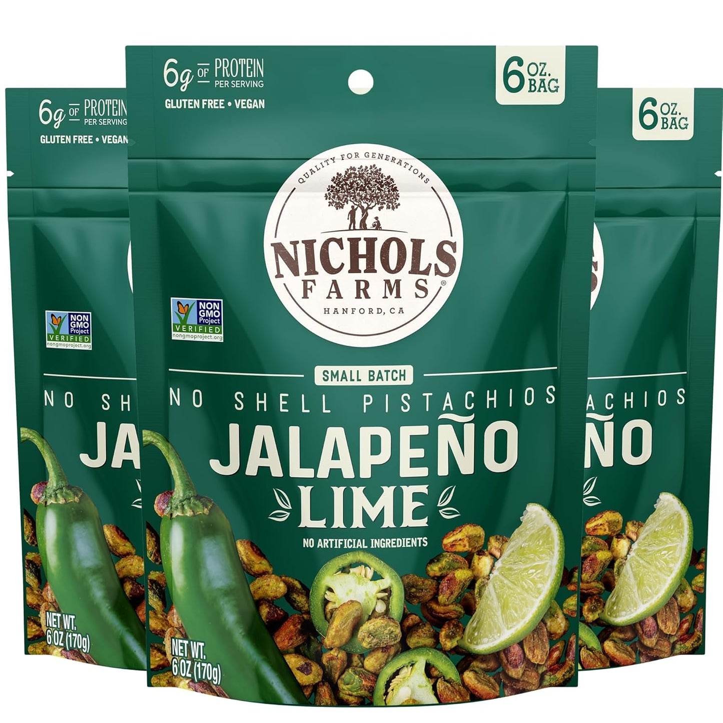Nichols Farms Pistachios - Fresh Roasted No Shell Pistachio - Nutrient Rich Nuts Snack Packs - Non-GMO, California Grown - Healthy, Wonderful Tasting, Party Snack - (Jalapeño Lime)