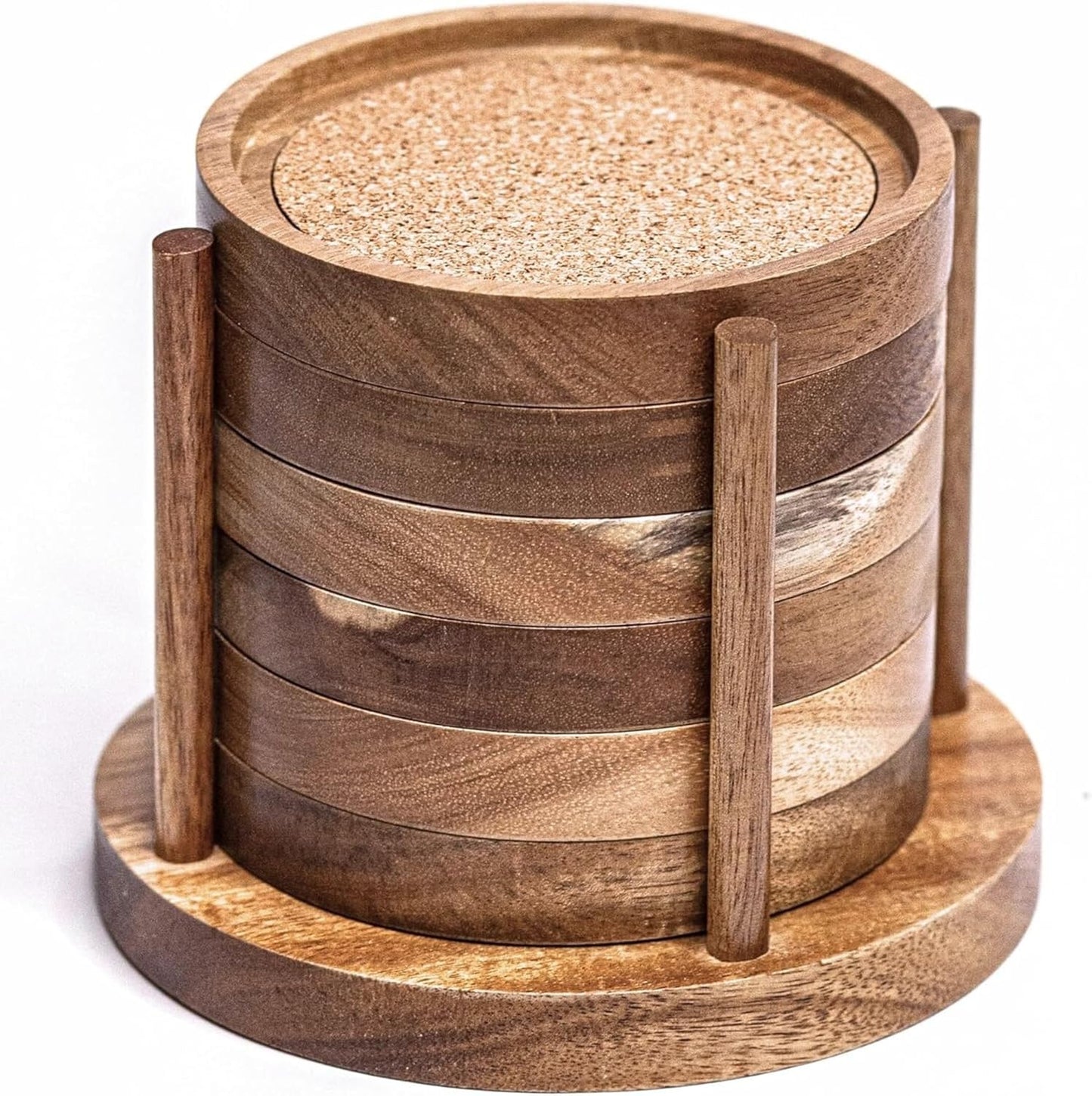 Wood Coasters for Drinks with Wooden Holder, Wooden Coaster with Cork for Tabletop Protection, Drink Coasters for Coffee Table, Desk, 4.13 Inch, Set of 6 (Rustic Coasters with Wooden Holder)