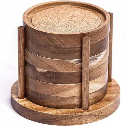 Wood Coasters for Drinks with Wooden Holder, Wooden Coaster with Cork for Tabletop Protection, Drink Coasters for Coffee Table, Desk, 4.13 Inch, Set of 6 (Rustic Coasters with Wooden Holder)