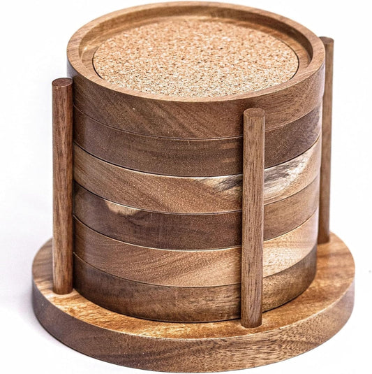 Wood Coasters for Drinks with Wooden Holder, Wooden Coaster with Cork for Tabletop Protection, Drink Coasters for Coffee Table, Desk, 4.13 Inch, Set of 6 (Rustic Coasters with Wooden Holder)