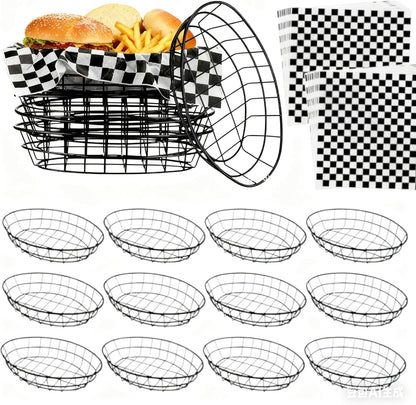 CNQLIS 12 Pcs Wire Bread Baskets with 100 Deli Wrapper Paper, 9.5x6.2x2.2 Inch Oval Metal Dinner Roll Baskets for Restaurants, BBQ, Picnics, Parties (Black)