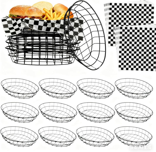 CNQLIS 12 Pcs Wire Bread Baskets with 100 Deli Wrapper Paper, 9.5x6.2x2.2 Inch Oval Metal Dinner Roll Baskets for Restaurants, BBQ, Picnics, Parties (Black)