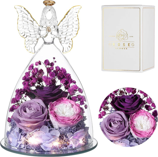 Christmas Rose Gifts for Women Preserved Real Flower in Glass Angel Figurines Roses for Delivery Prime Birthday Gifts for Mom Grandma Girlfriend Wife Her, Colorful Purple